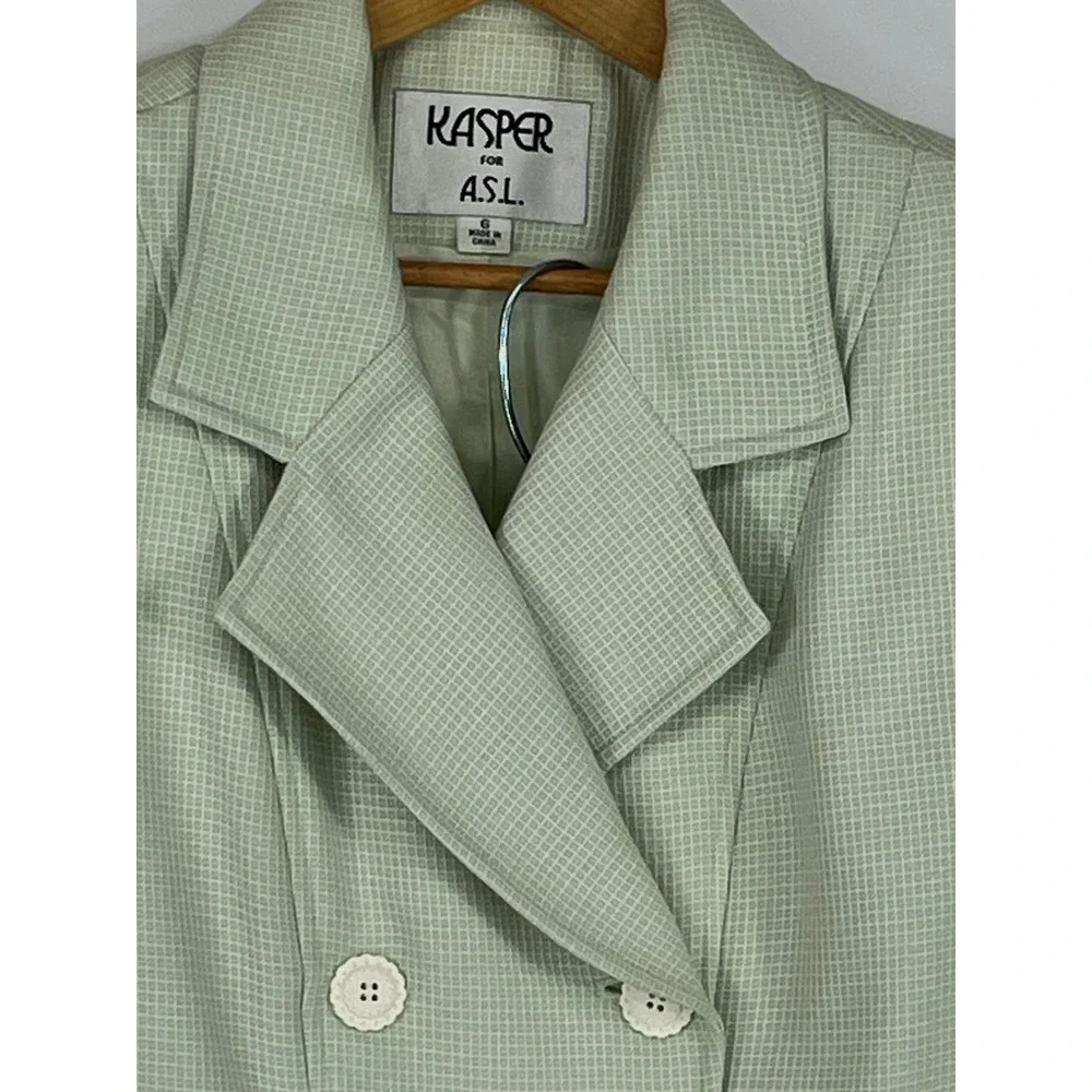 Vintage Kasper for A.S.L. Womens Skirt Suit 8 Sage Green Check Short Sleeve